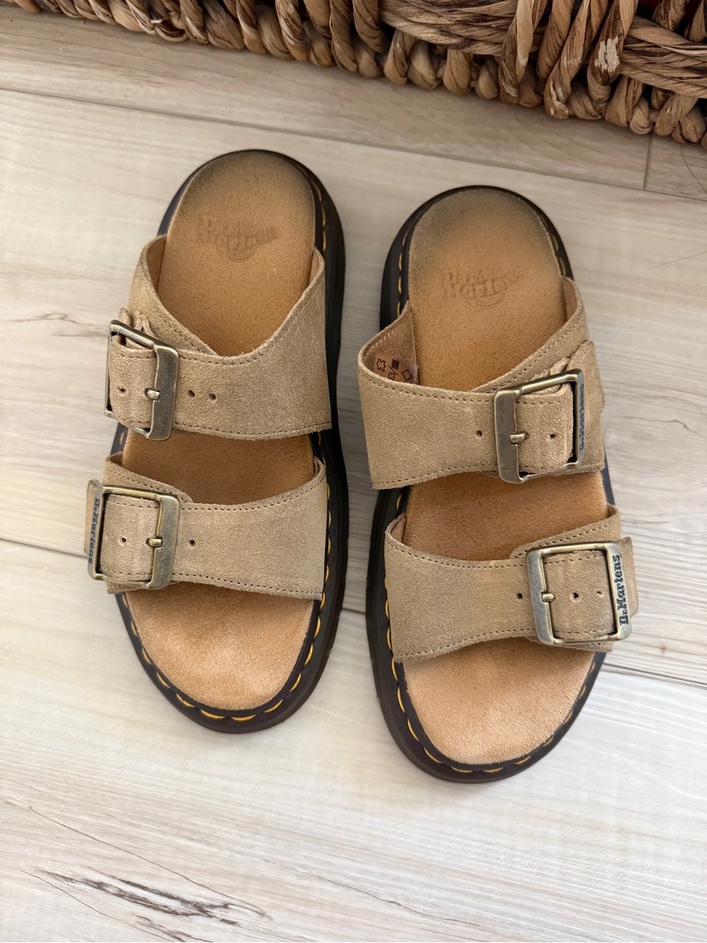 Dr. Martens Tan Suede Double Buckle Slides